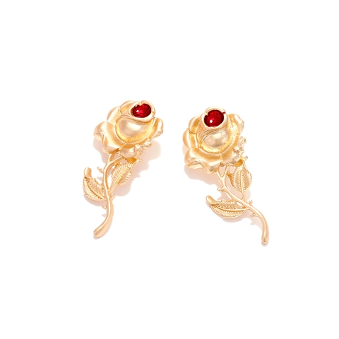 Orecchini Pendenti Rosa Barocca Vintage Lega Di Zinco Oro Opaco Strass Rossi Intarsiati Gioielli Floreali Eleganti Per Donna