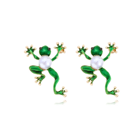 Orecchini A Lobo Rana Verde Smalto Lega Forma Animale Con Perla Artificial Sintetica Gioielli Di Moda Retro Per Donna