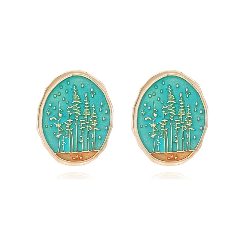 Pendientes De Botón Ovalados Vintage Para Mujer Aleación Zinc Esmalte Diseño Bosque Pinos Con Poste De Acero Inoxidable