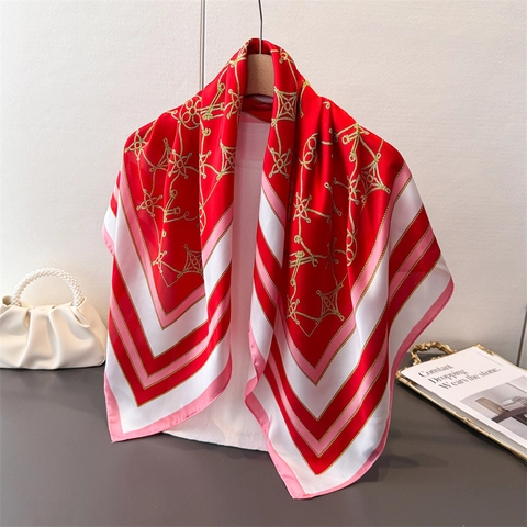 Vintage Luxurious Satin Like Square Scarf Elegant Geometric Chain Print Large Satin Neck Head Shawl For Women