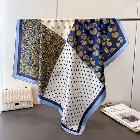 Women Satin Like Scarf Paisley Polka Dot Patchwork Elegant Square Scarf Polyester Headscarf Shawl Fashion Accessory
