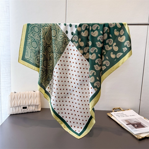 Women Satin Like Scarf Paisley Polka Dot Patchwork Elegant Square Scarf Polyester Headscarf Shawl Fashion Accessory