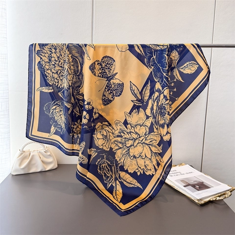 Elegant Butterfly Floral Print Square Scarf Satin-Like Satin Headscarf Fashion Neck Wrap Shawl For Women Vintage Accessory