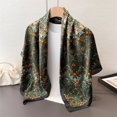 Square Scarf Women Satin Polyester Mandala Geometric Print Retro Elegant Large Headwrap Neck Scarf Shawl