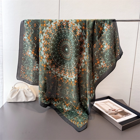 Square Scarf Women Satin Polyester Mandala Geometric Print Retro Elegant Large Headwrap Neck Scarf Shawl