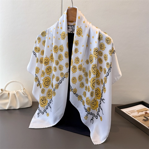Women Satin Satin-like Square Scarf Floral Chain Print Elegant Large Shawl Wrap Fashionable Headscarf Accessories