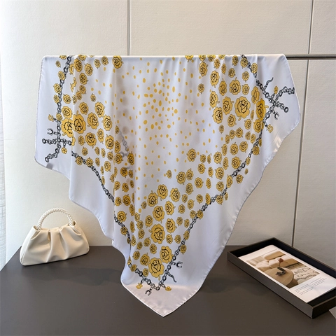 Women Satin Satin-like Square Scarf Floral Chain Print Elegant Large Shawl Wrap Fashionable Headscarf Accessories