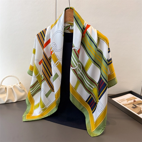 Women Square Scarf Satin Satin Like Equestrian Print Horse Riding Pattern Elegant Shawl Wrap Headscarf Fashion Accessory