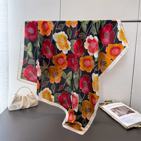 Grande Sciarpa Quadrata Con Stampa Floreale Donna Scialle In Raso Di Raso Sintetica Elegante Foulard Moda Accessorio