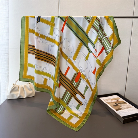 Women Square Scarf Satin Satin Like Equestrian Print Horse Riding Pattern Elegant Shawl Wrap Headscarf Fashion Accessory