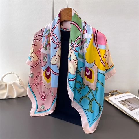 Grande Sciarpa Di Raso Quadrata Donna Vintage Dunhuang Flying Apsaras Stampata Imitazione Raso Raso Foulard Sciacallo