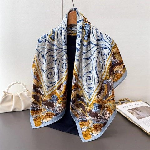 Grand Foulard Carré Satin Artificielle Polyester Châle Imprimé Motif Mosaïque Foulard Tête Accessoire Décoratif Pour Femmes