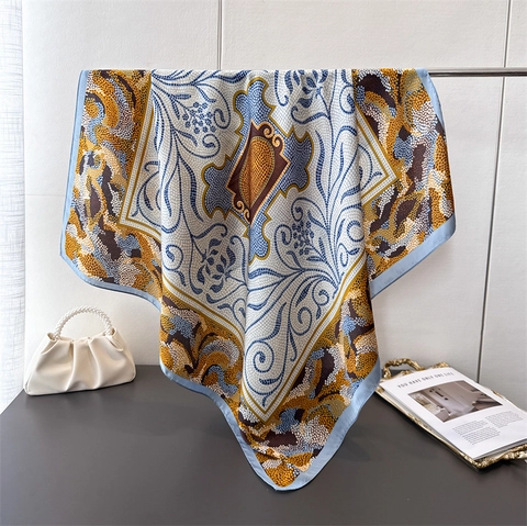 Grand Foulard Carré Satin Artificielle Polyester Châle Imprimé Motif Mosaïque Foulard Tête Accessoire Décoratif Pour Femmes