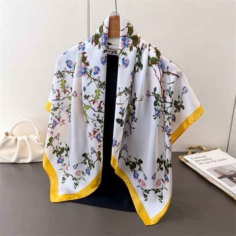 Floral Print Square Scarf Elegant Satin Polyester Headscarf Contrast Border Neck Wrap Vintage Accessory For Women