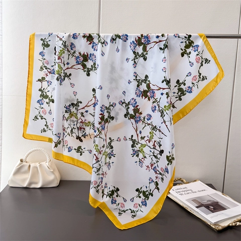 Floral Print Square Scarf Elegant Satin Polyester Headscarf Contrast Border Neck Wrap Vintage Accessory For Women