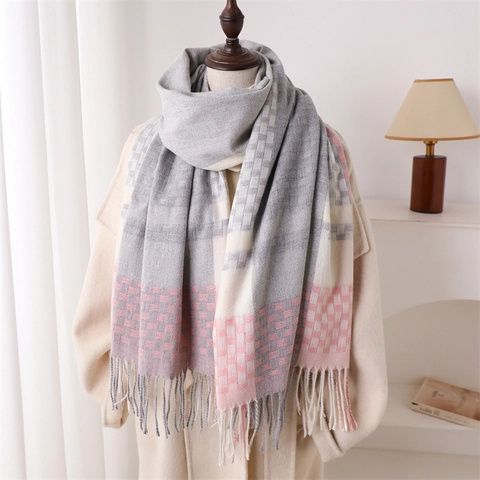 Karoschal Mit Fransen Dicker Polyester Warm Winter Color Block Schachbrettmuster Damen Modeschal Elegant Pendler