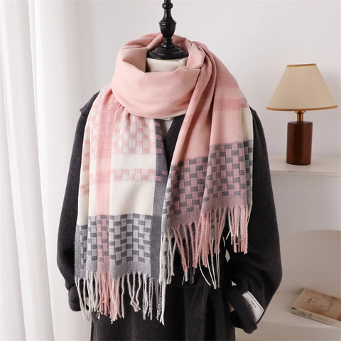 Karoschal Mit Fransen Dicker Polyester Warm Winter Color Block Schachbrettmuster Damen Modeschal Elegant Pendler