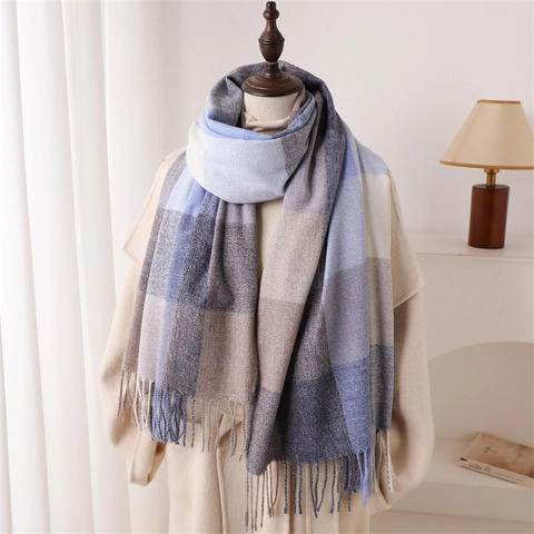 Women Plaid Scarf Shawl Contrast Color Tassel Imitation Cashmere Soft Warm Large Winter Wrap Fashion Versatile Accessory