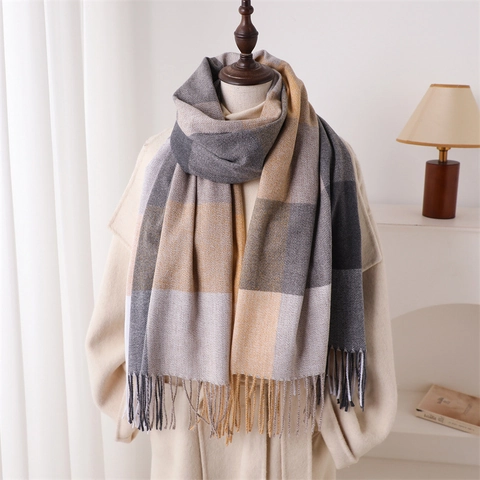 Women Checkered Plaid Scarf Long Warm Soft Imitation Cashmere Shawl With Tassels Fashion Versatile Winter Accessories