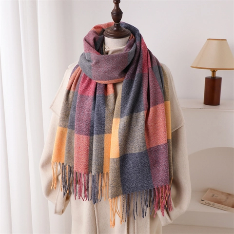 Women Plaid Scarf Shawl Contrast Color Tassel Imitation Cashmere Soft Warm Large Winter Wrap Fashion Versatile Accessory