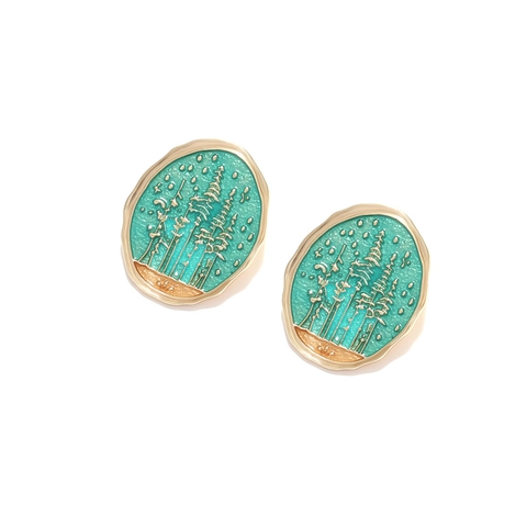 Pendientes De Botón Ovalados Vintage Para Mujer Aleación Zinc Esmalte Diseño Bosque Pinos Con Poste De Acero Inoxidable