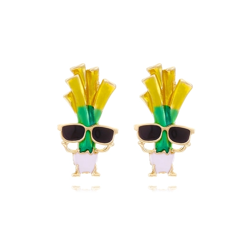 Funny Leek Stud Earrings Alloy Enamel Cartoon Green Onion With Sunglasses Fashion Jewelry Women