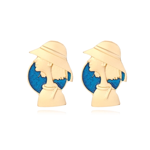 Retro Artistic Female Profile Stud Earrings Alloy Gold Plated Blue Enamel Hat Silhouette Fashion Jewelry For Women
