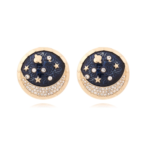 Round Celestial Star Moon Planet Stud Earrings Zinc Alloy Enamel Rhinestone Vintage Romantic Jewelry For Women