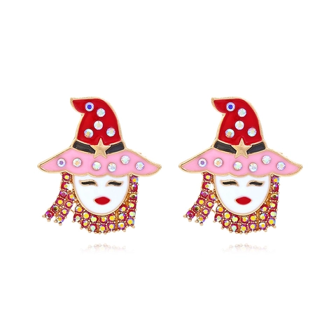 Halloween Witch Stud Earrings Alloy Enamel Rhinestone Cartoon Girl Hat Cute Holiday Novelty Jewelry For Women