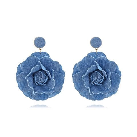 Handmade Denim Rose Flower Drop Earrings Retro Fabric Dangle With Metal Earring Post Fashion Jewelry For Women