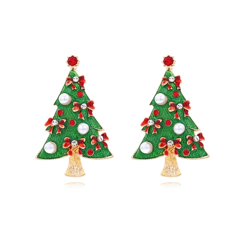Orecchini A Lobo Albero Di Natale Lega Di Zinco Smalto Verde Strass Rosso Finta Perla Artificial Fiocco Gioielli Di Festa Per Donne