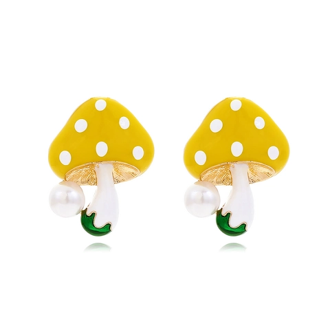 Schattige Paddestoel Druppeloorbellen Met Geel Emaille Stippenpatroon En Imitatieparel Legering Sieraden Voor Dames Trendy