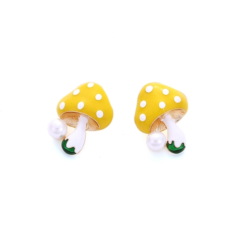 Schattige Paddestoel Druppeloorbellen Met Geel Emaille Stippenpatroon En Imitatieparel Legering Sieraden Voor Dames Trendy