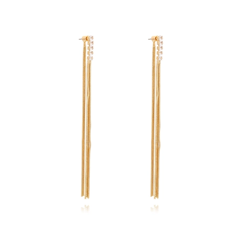 Elegant Long Tassel Dangle Earrings Copper Cubic Zirconia Square Stone Snake Chain Fringe Jewelry For Women Vintage Style