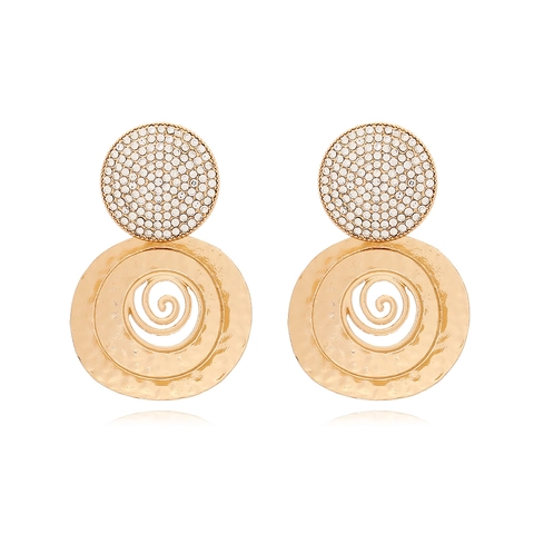 Vintage Round Drop Earrings Alloy Hammered Texture Spiral Cutout Rhinestone Inlaid Bohemian Fashion Jewelry For Women