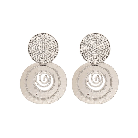 Vintage Round Drop Earrings Alloy Hammered Texture Spiral Cutout Rhinestone Inlaid Bohemian Fashion Jewelry For Women