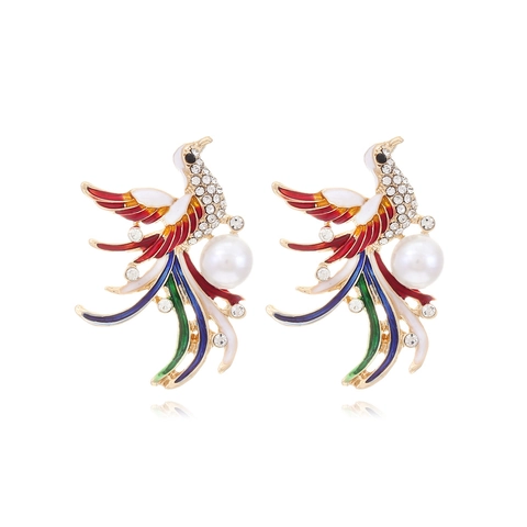 Feniks Vogel Kunstparel Oorbellen Vintage Chinese Stijl Emaille Strass Legering Hangers Voor Dames Elegante Sieraden