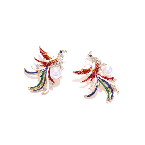 Feniks Vogel Kunstparel Oorbellen Vintage Chinese Stijl Emaille Strass Legering Hangers Voor Dames Elegante Sieraden
