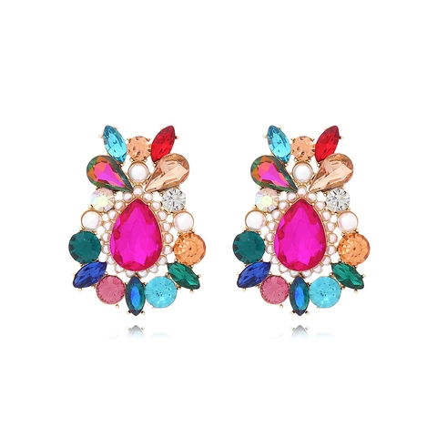 Vintage Floral Stud Earrings Zinc Alloy Colorful Rhinestones And Faux Artificial Pearls Teardrop Bohemian Statement For Women