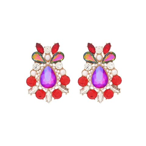 Vintage Floral Stud Earrings Zinc Alloy Colorful Rhinestones And Faux Artificial Pearls Teardrop Bohemian Statement For Women