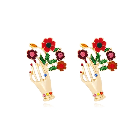 Vintage Palm Bloem Oorknopjes Legering Kleurrijk Emaille Strass Artistieke Sieraden Voor Vrouwen
