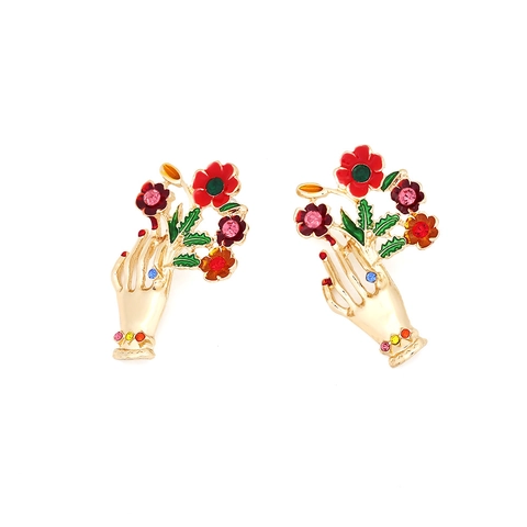 Vintage Palm Bloem Oorknopjes Legering Kleurrijk Emaille Strass Artistieke Sieraden Voor Vrouwen