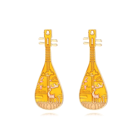 Alloy Enamel Pipa Shape Drop Earrings Chinese Style Deer Lotus Pattern Traditional Accessory Women Hanfu Jewelry