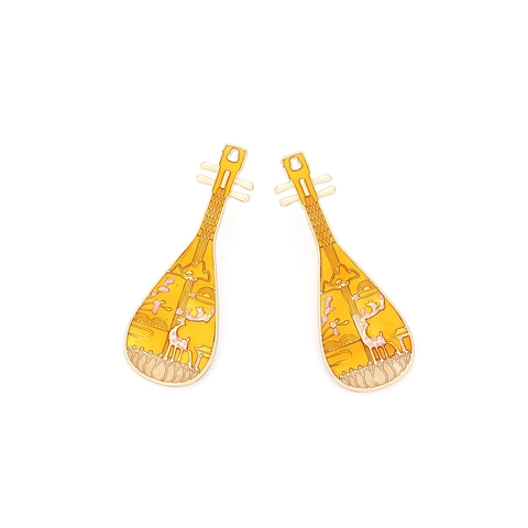 Alloy Enamel Pipa Shape Drop Earrings Chinese Style Deer Lotus Pattern Traditional Accessory Women Hanfu Jewelry