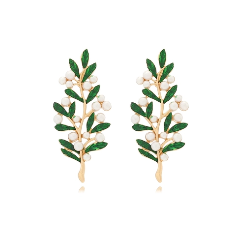 Orecchini A Foglia Verde Lega Di Zinco Smalto Con Künstliche Perle Sintetiche Bianche Stile Foresta Vintage Per Donne