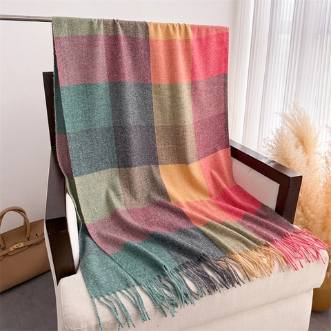 Women Checkered Plaid Scarf Long Warm Soft Imitation Cashmere Shawl With Tassels Fashion Versatile Winter Accessories