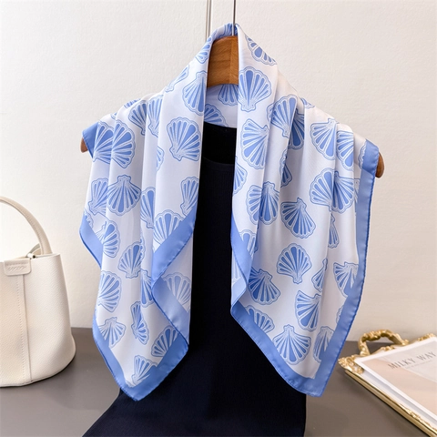 Square Scarf Polyester Imitation Satin Shell Print Nautical Marine Style Lightweight Elegant Headscarf For Women Summer