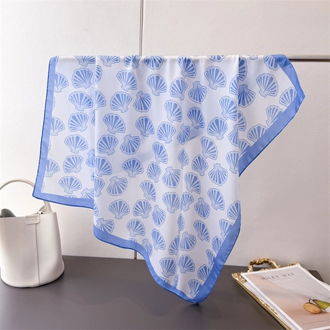 Square Scarf Polyester Imitation Satin Shell Print Nautical Marine Style Lightweight Elegant Headscarf For Women Summer