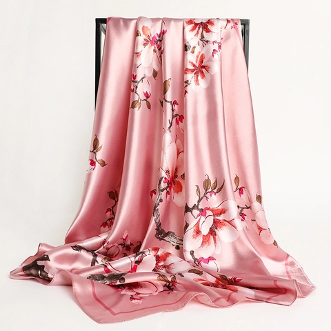Élégant Foulard Carré Polyester Satin Imitation Satin Imprimé Floral Motif Magnolia Protection Solaire Bandana Pour Femmes