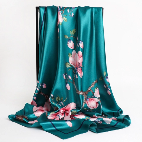 Élégant Foulard Carré Polyester Satin Imitation Satin Imprimé Floral Motif Magnolia Protection Solaire Bandana Pour Femmes